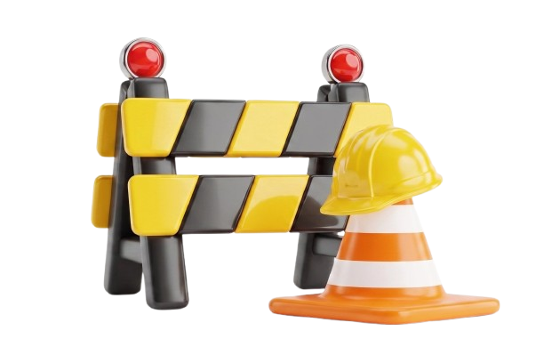 Construction barrier with warning lights and traffic cone